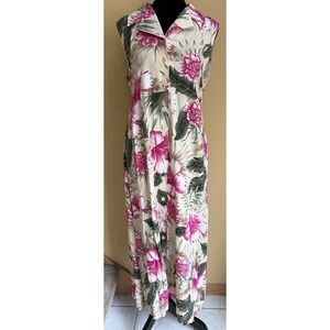 Bahama Beach Floral Shirt Dress Size XL Sleeveless Maxi Pockets Hawaiian Vaca